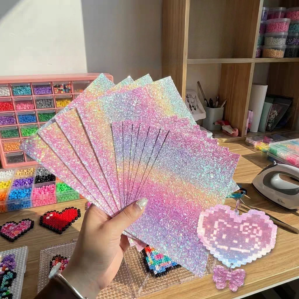 3Pcs Fuse Beans Rainbow Glitter Baking Cloth Shining Non Stick Heat Resistant Ironing Sheets Heatproof Gradient