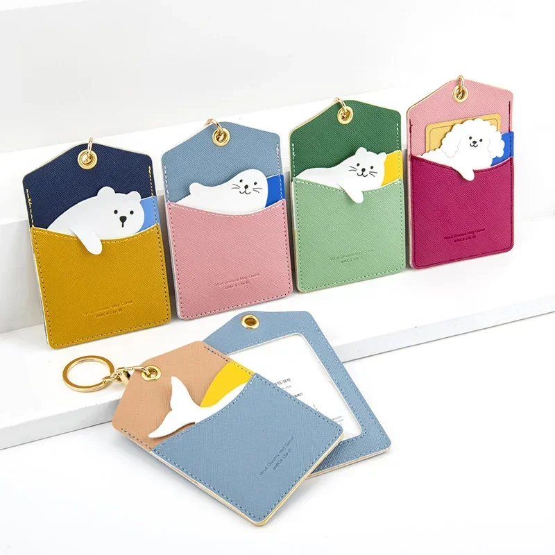 Cute Animal Card Holder Pu Keyring Work Card Package Key Holders Poodle Keychain ID Protection Cover Elevator Card Pendant