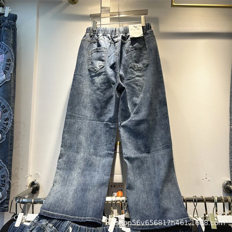 Pantalones vaqueros tridimensionales con flores y diamantes para mujer, pantalones rectos con cintura elástica que combinan con todo, vaqueros de pierna ancha para primavera y otoño