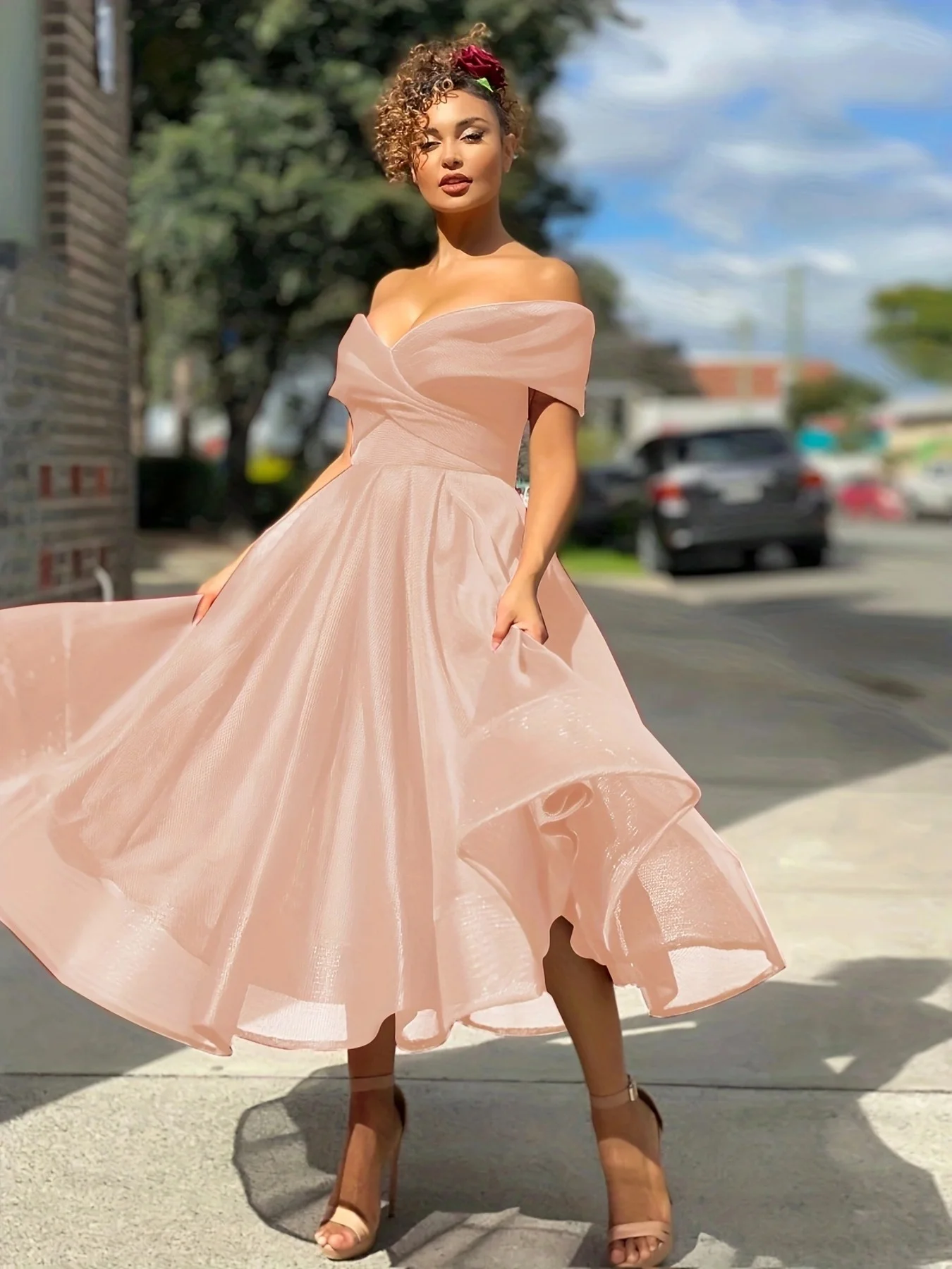 Women\'s plus size dress 2025 elegant wedding new sexy sloping collar off shoulder slim fit A-line evening party MIDI dress