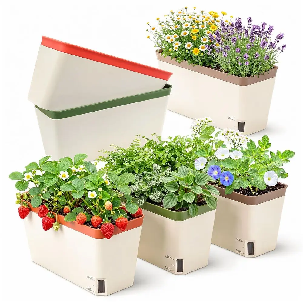

Самополивающиеся горшки для комнатных растений, набор из 6 штук, 10,5 дюймов, пластиковые оконные кашпо для трав с индикатором уровня воды, современный дизайн