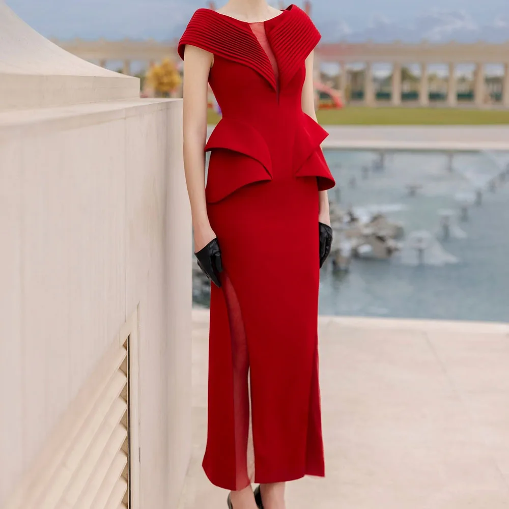 

Customized Straight Prom Dresses Ankle-Length Off The Shoulder Sleeveless Evening Gown Simple Fashion Pleat Casual Party Gown