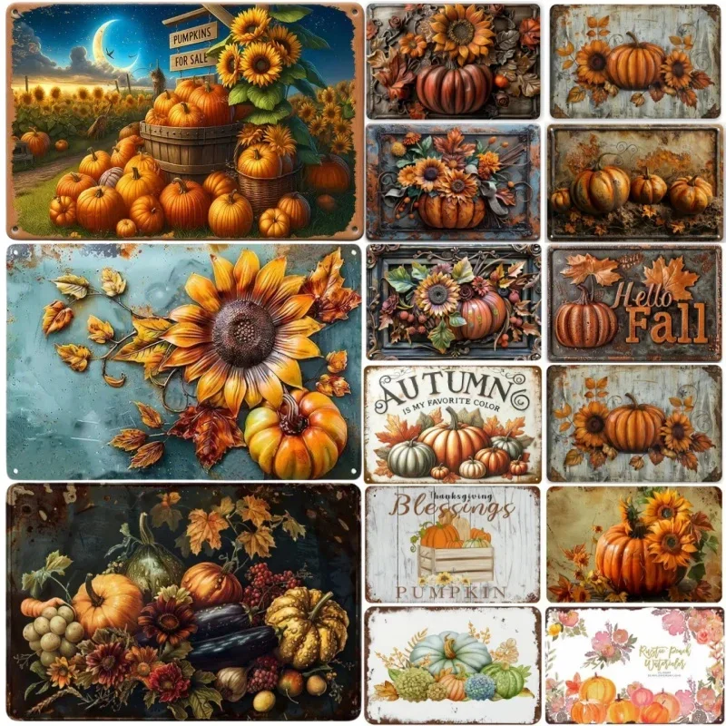 

Vintage Metal Tin Poster Pumpkin & Floral Metal Tin Signs Posters Plate Colorful Wall Art for Cafe Bar Office Club Party Decor