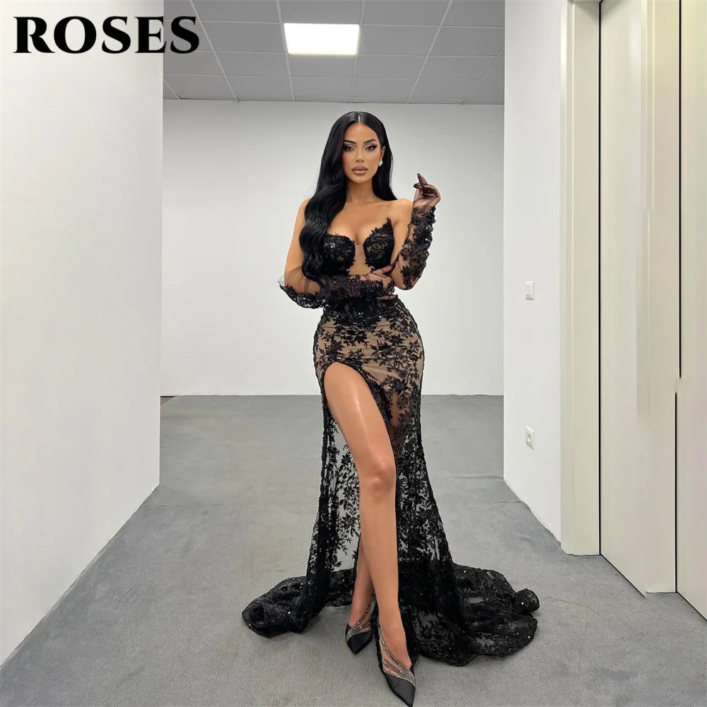 ROSES-Robe de Soirée en Dentelle avec Fente Haute, Tenue de Bal Noire, Style Sirène, avec des Appliques, pour Mariage, Éducative