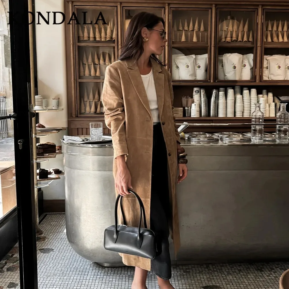 

KONDALA 2025 Fall Winter Khaki Women Long Trench Fashion Office Lady Spliced Single Breasted Elegant Christmas Women's Clothing