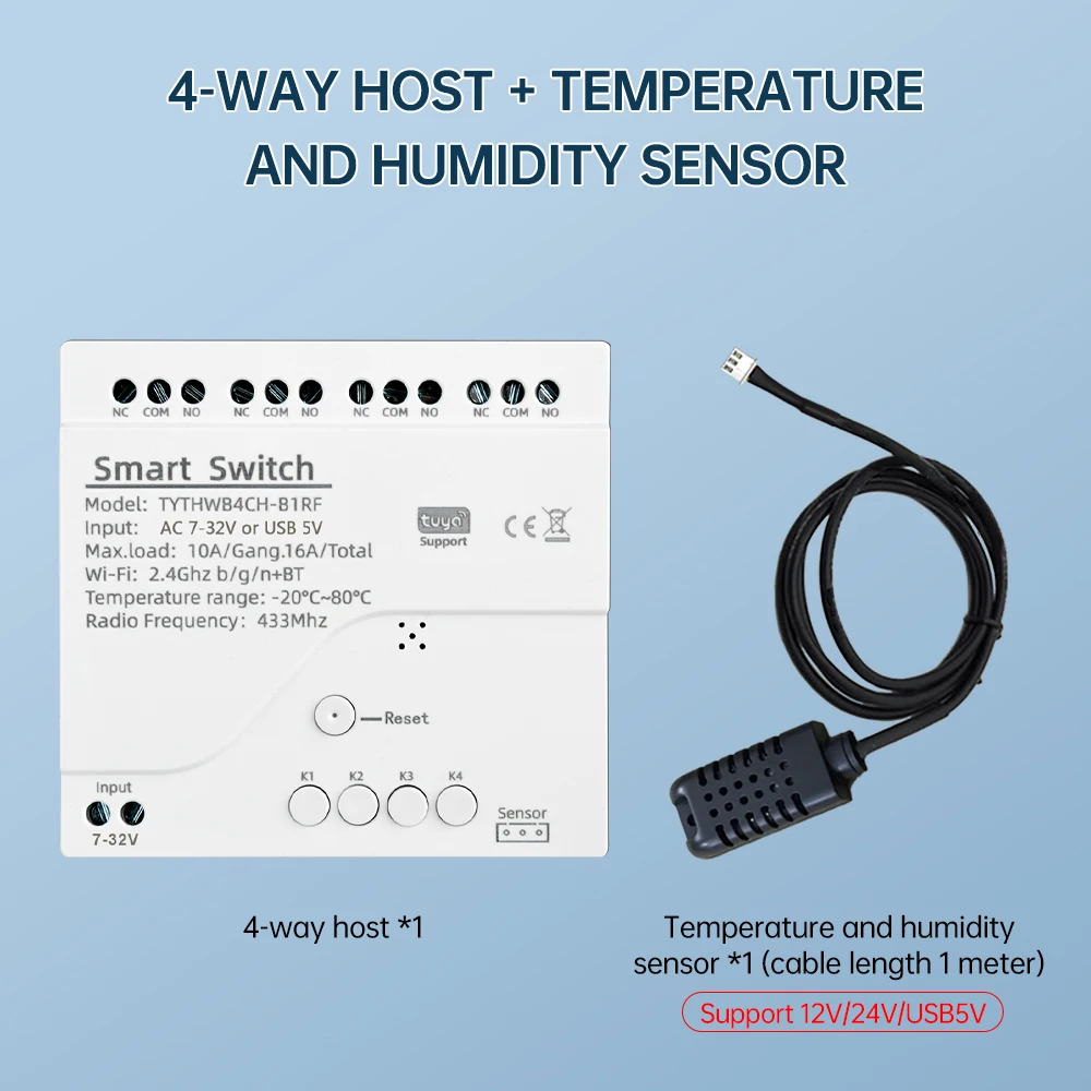Tuya 4 Gang Smart Switch with Temperature or Humidity Sensor Passive Dry Contact 32V 250V Switch Relay Alexa Compatible 433Mhz
