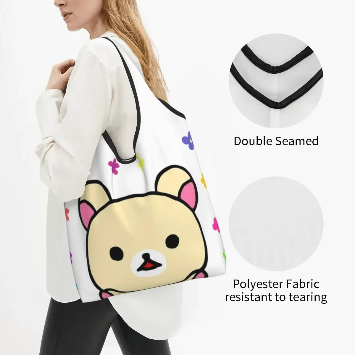 Reusable Korilakkuma And Flowers Shopping Bag for Groceries Foldable Rilakkuma Grocery Bags Washable Large Tote Bags