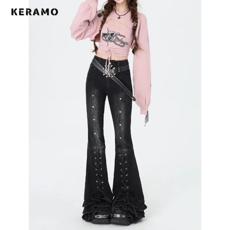 2024 Autumn Harajuku Sheath High Waist Jeans Female Retro Y2K Belted Design Flared Pants Women's Vintage Slim Fit Denim Trouser