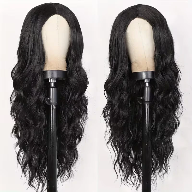 Black center-parted wavy synthetic wig for Halloween cosplay, everyday wear wig, high-temperature silk wig cap