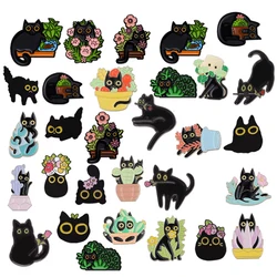 Cute Cat Potted Plant Enamel Pin Roes Green Black Punk Kitten Brooch Cactus Flower Jewelry Metal Lapel Backpack Wholesale Gift