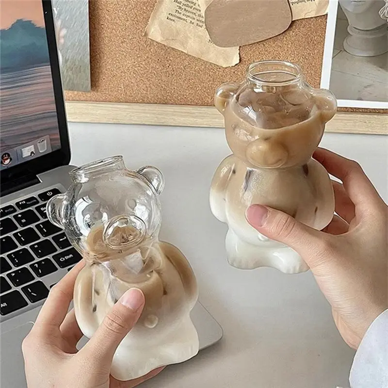 A33Z-2Pcs Bear Cup Online Celebrity Restaurant Coffee Cup Cute Cartoon Glass Water Cup With Straw Family Set