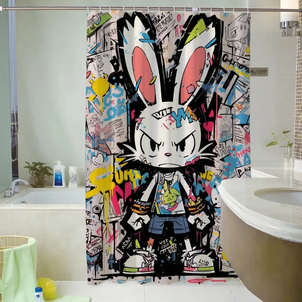 Graffiti Bunny Bathroom Curtain for Quarto Shower Curtains Folding Partition Accessories Bath Bedrooms Houses Rooms Waterproof