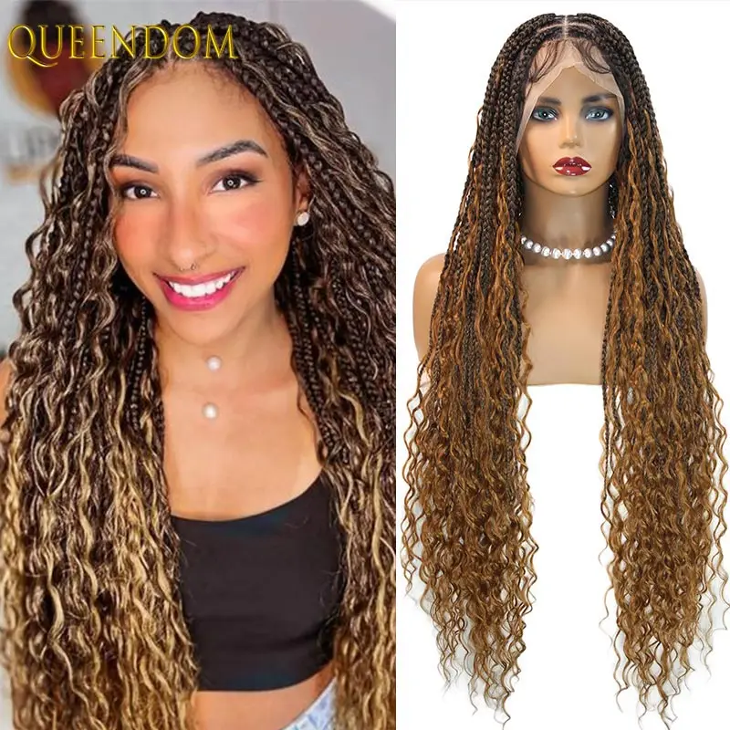 

Богемный синтетический плетеный парик, полный кружевной передний блондин, вьющиеся косички без узлов, парики из волос Goddess Locs для женщин