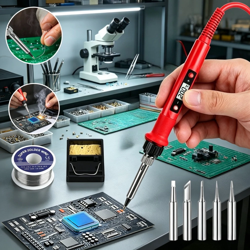 Präzisions-Lötkolben-Set mit Temperaturregelung und 5 Spitzen, inklusive Ständer, für Reparaturen von Leiterplatten, Elektronikkomponenten und andere feine Lötarbeiten