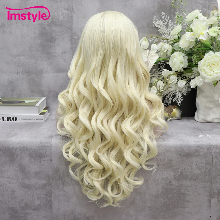 Imstyle Platinum Blonde Wig Long Synthetic Lace Front Wig Natural Wavy Wig For Women Heat Resistant Fiber Cosplay Wigs