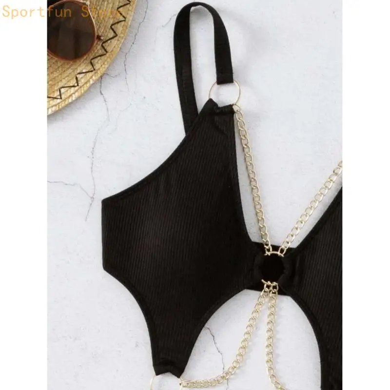 Ring Linked-One Piece Swimsuit for Women Fashion Cutout Swimwear with Chain Ladies Summer Bathing Suit X7JD