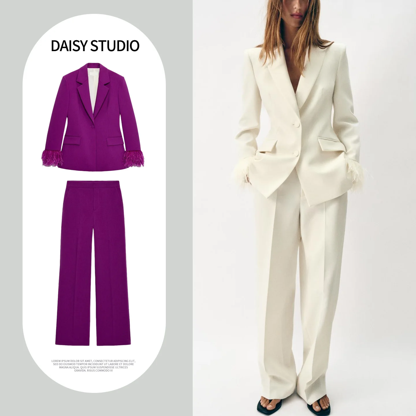 

Shoulder Pad Suit Jacket Straight Leg Pants High Waist Long Sleeve Summer Fashion Set Women's Long Pants with Fringe Detail