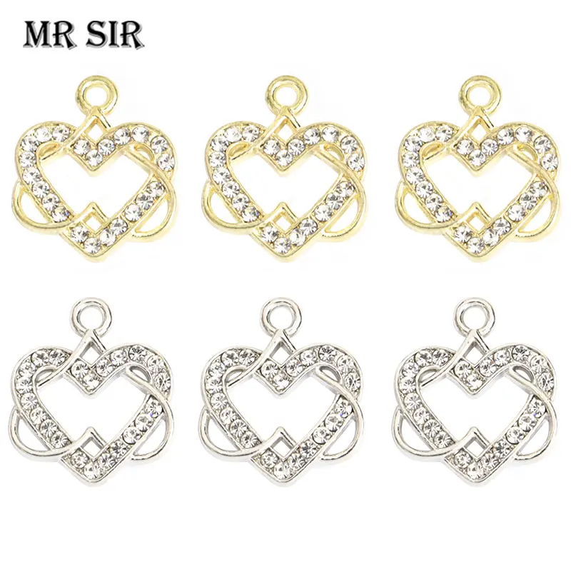 10pcs crystal double heart Interwoven Charms DIY Jewelry Rhinestones bracelet Necklace Earrings Couple Romantic Gift Accessories