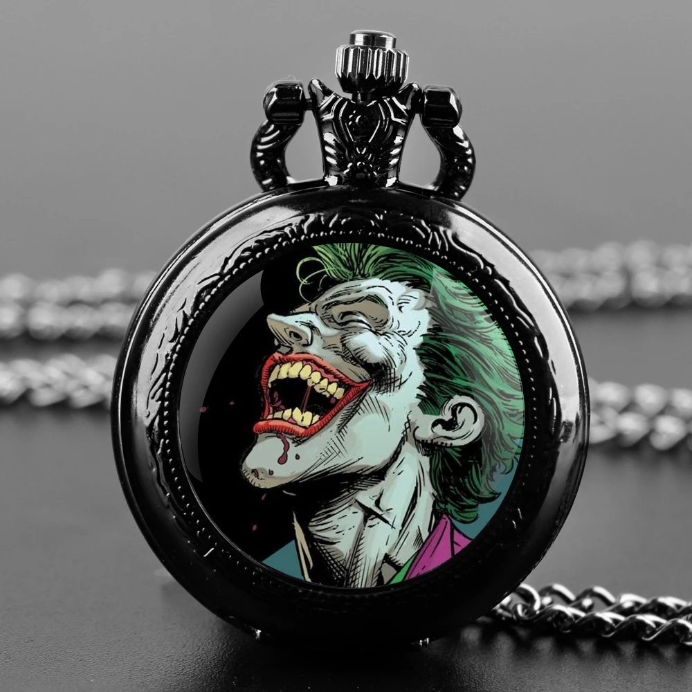 Exquisite Joker Glass Dome Quartz Pocket Watch Necklace Pendant Gifts For Women Man with Fob Chain