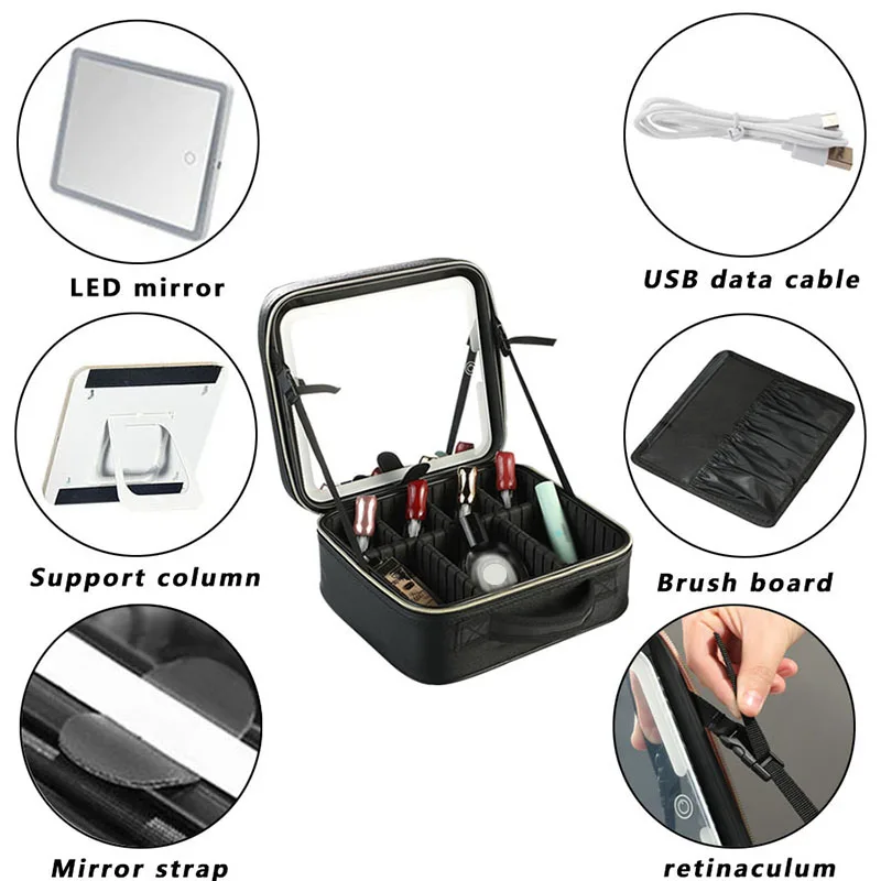 New LED Lighted Cosmetic Case with Mirror Waterproof PU Leather Portable Travel Makeup Storage Bags