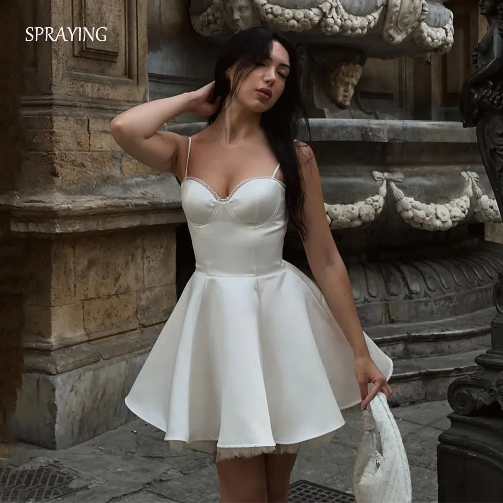 

SPRAYING Ivory Satin Wedding Dress Sexy Sweetheart Strap Mini Bridal Gowns A line Short Above Knee Engagement Party Customized