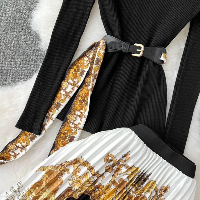 Women Casual Elegant Street Party Two-piece Set Autumn Slim Knit Top High Waist Printed Pleated Skirt Two-piece Set for Women