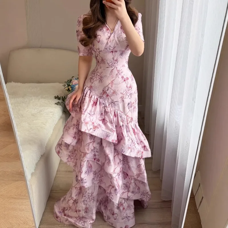 Elegantes Damen Sommer Blumen-Korsett Maxikleid Wickeltaille Bodycon Mehrlagiges Rüschen-Schmetterlingsdruck Abendkleid Langes Gast-Meerjungfrauenkleid – Detail 21