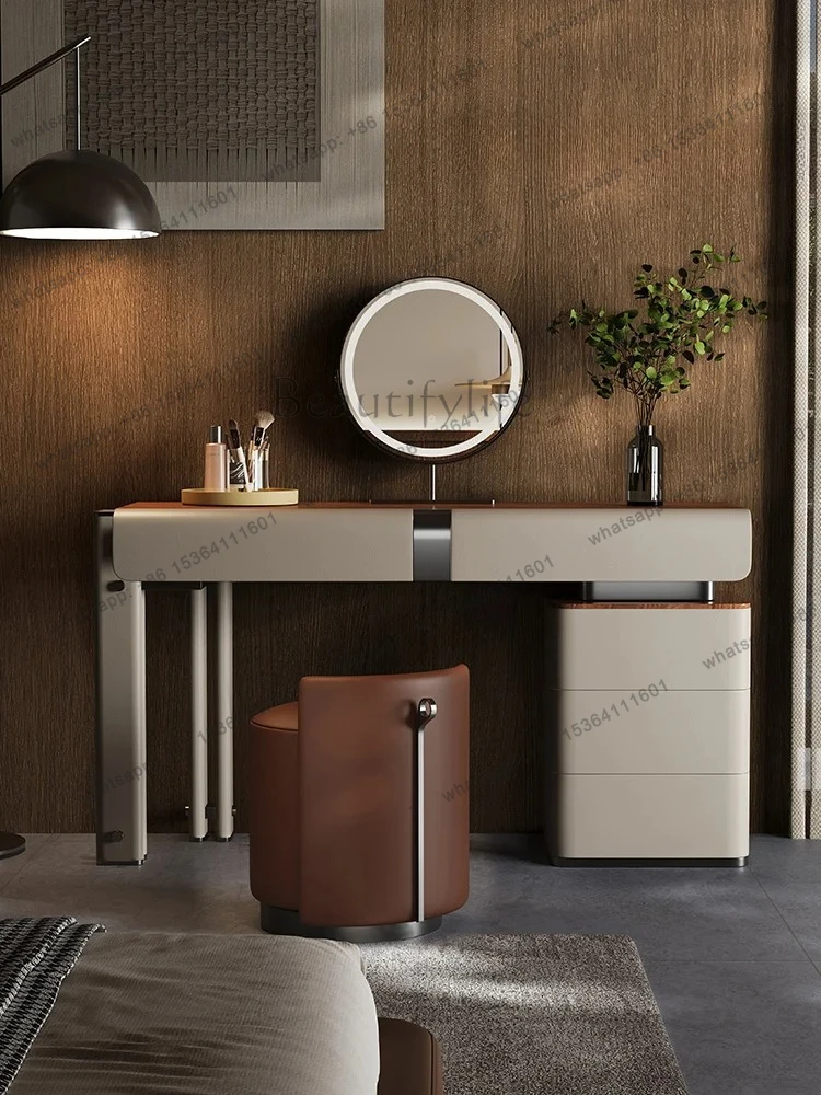 

Italian minimalist dresser bedroom simple modern walnut solid wood makeup table high-end dresser chest cabinet integrated