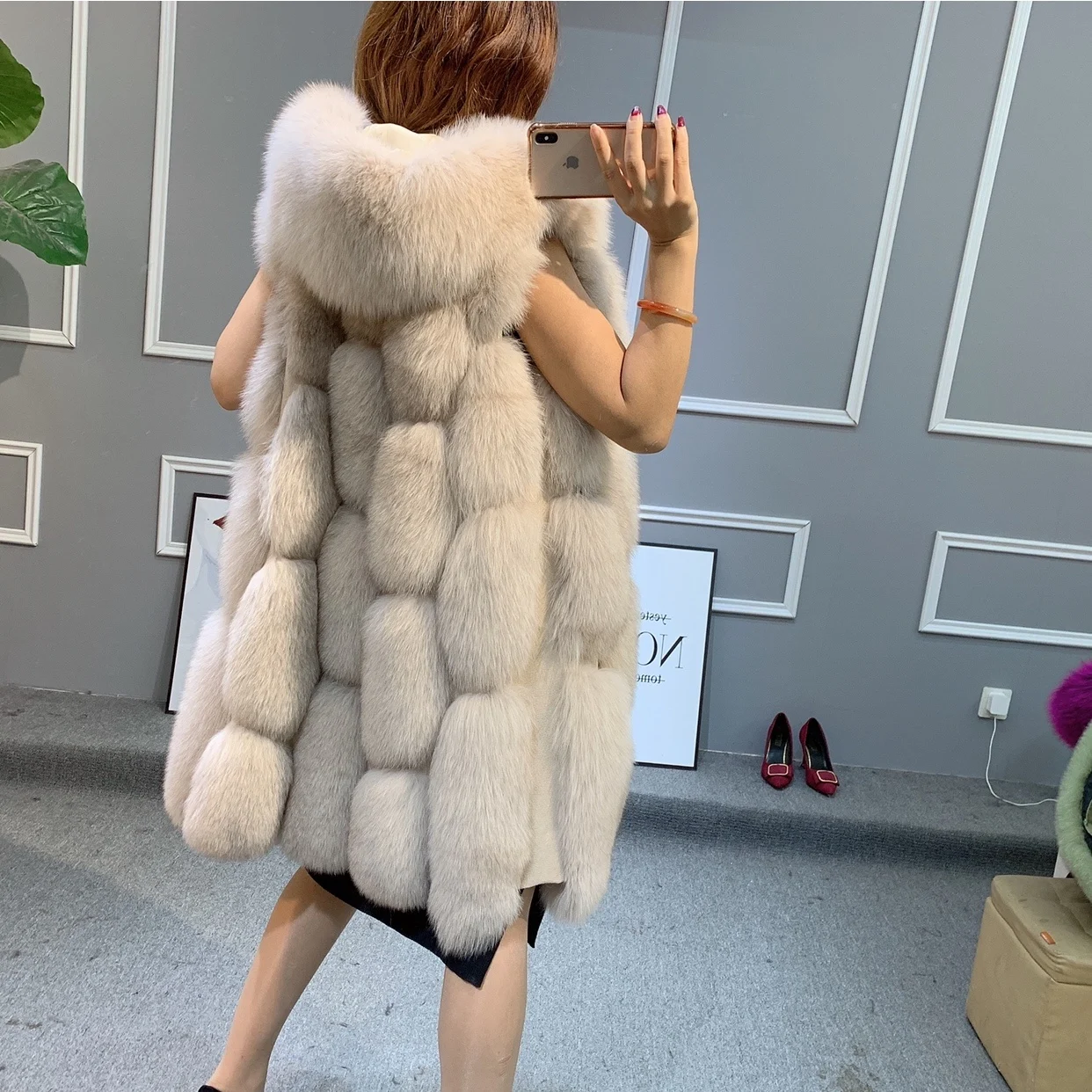 Real Fur Coat for Women Winter Jacket Long Natural Fox Fur Vest Real Sheepskin Leather Hood Thick Warm Overcoat Black New