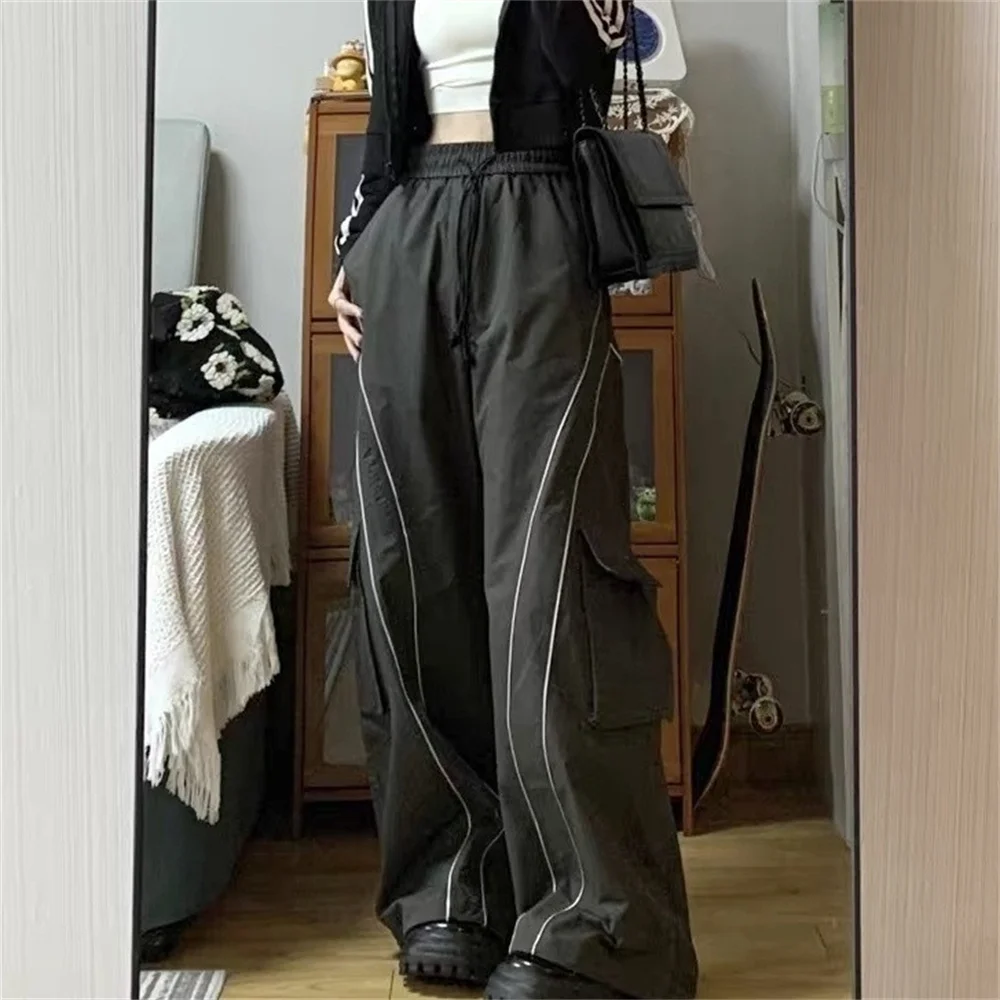 Y2K Women Striped Cargo Pants High Waist Elastic Drawstring Loose Wide Leg Trousers Multi Pockets Casual Streetwear Baggy Pants