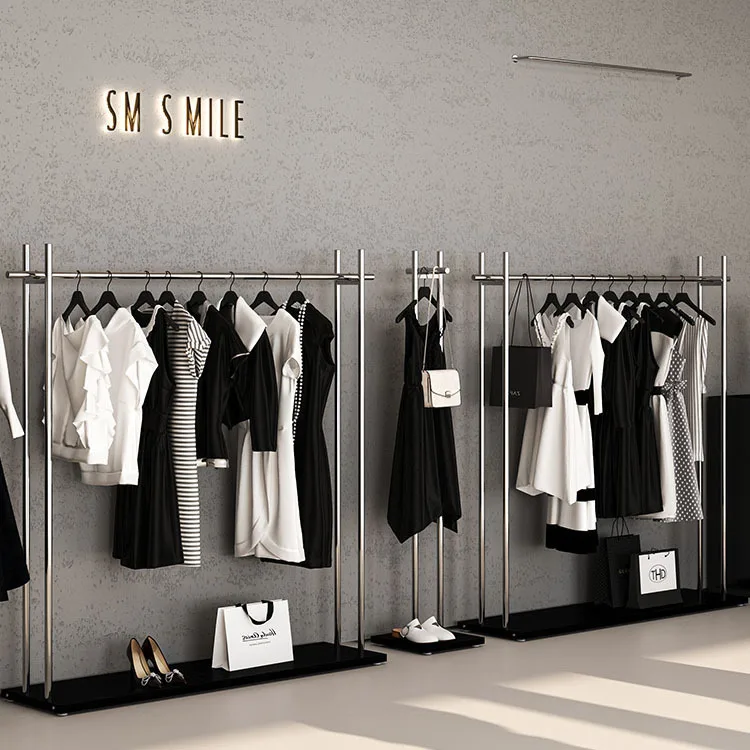 Men's and women's clothing store display rack Floor-to-ceiling stainless steel positive clothes rack Clothing store Zhongdao