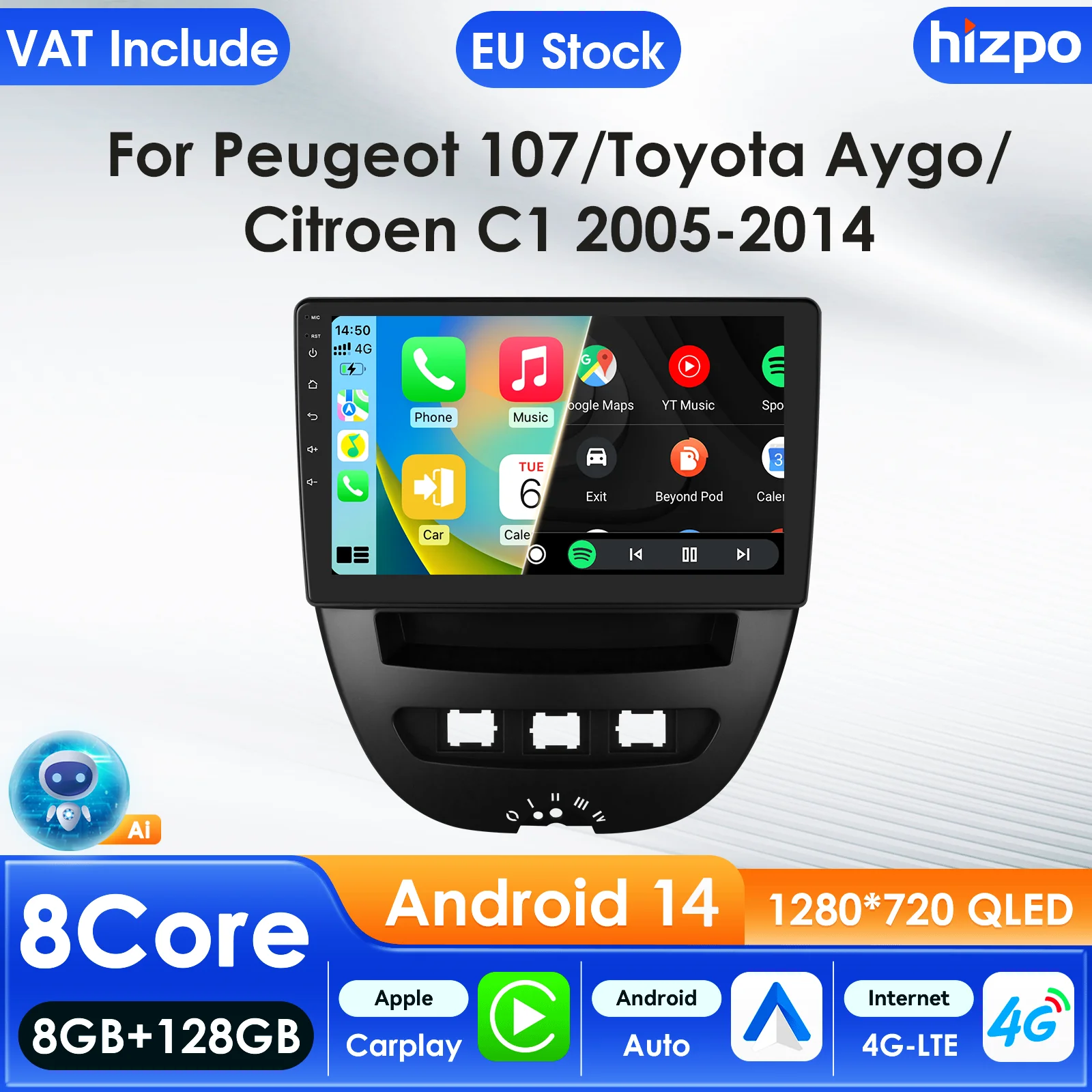 Hizpo Autoradio für Peugeot 107 2005–2014 Citroen C1 Toyota Aygo Audio-Multimedia-Player CarPlay Android Auto GPS WIFI Autoradio