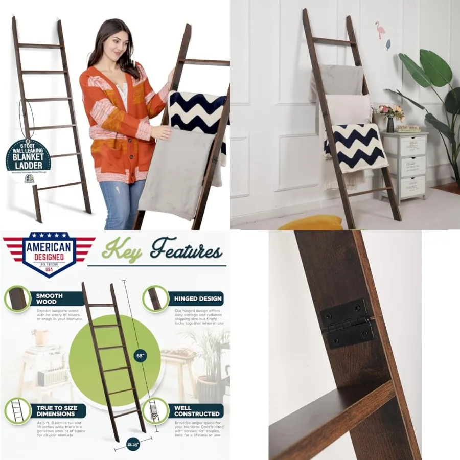 

Blanket Ladder for Living Room and Bedroom, 5Feet 8 inch, 6-Tier Wall Leaning Laminate Snag Free Construction Decorative Farmho