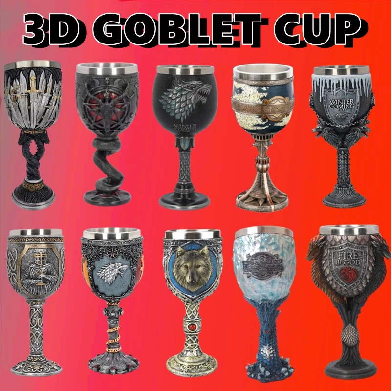 3D Goblet Cup Mini Beer Mug  Coffee Mugs Wine Glass Resin Stainless Steel Iron Tankard Sword  Dragon Wolf Map Drinkware Viking