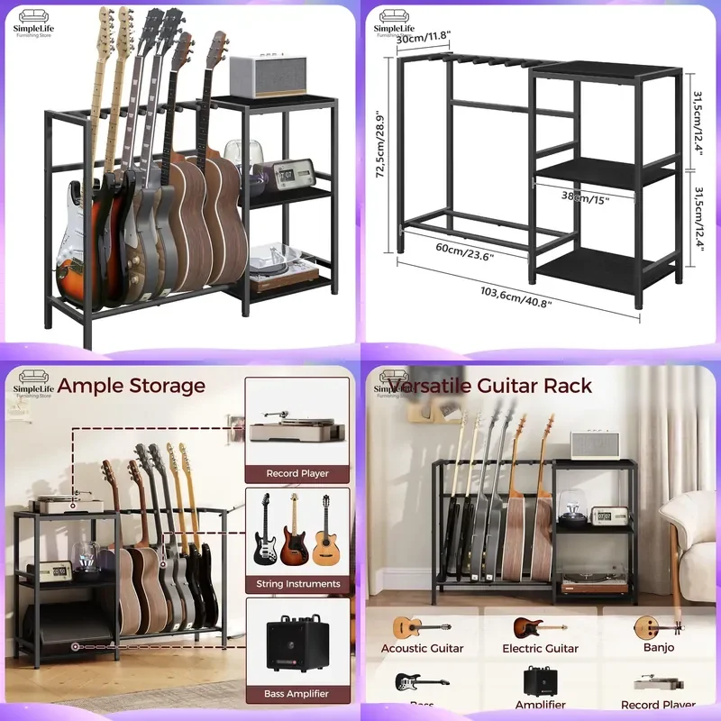 Heavy Duty Wrought Iron Piano Stand Multi Functional Music Instrument Display Rack Shelf for Guitar Bass Keyboard with Hook