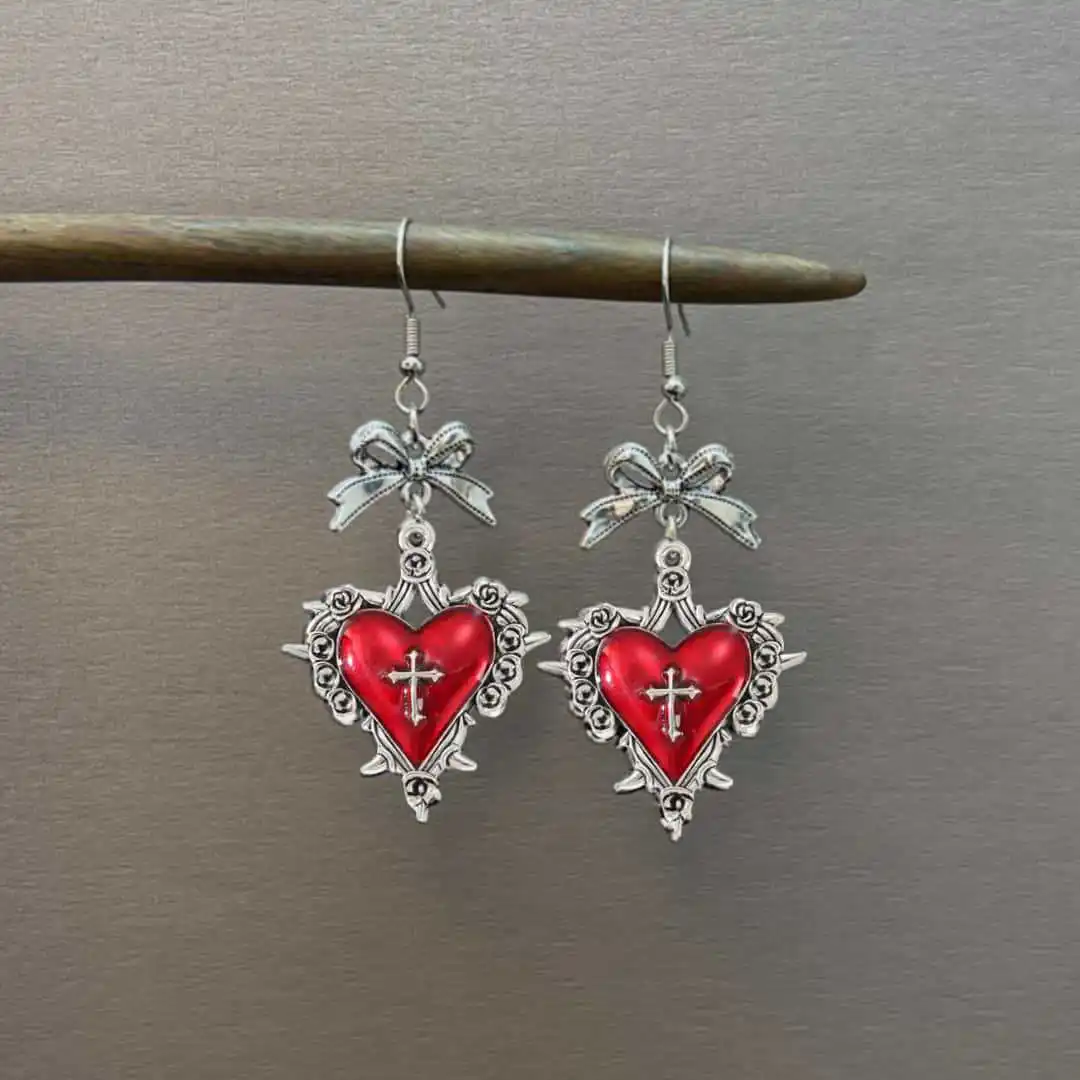 

Death Cross Heart Earring, Gothic jewelry, thorn, rose, Bows, Witch accessory, Vintage, pagan, punk, Heart Ear Hooks For Women