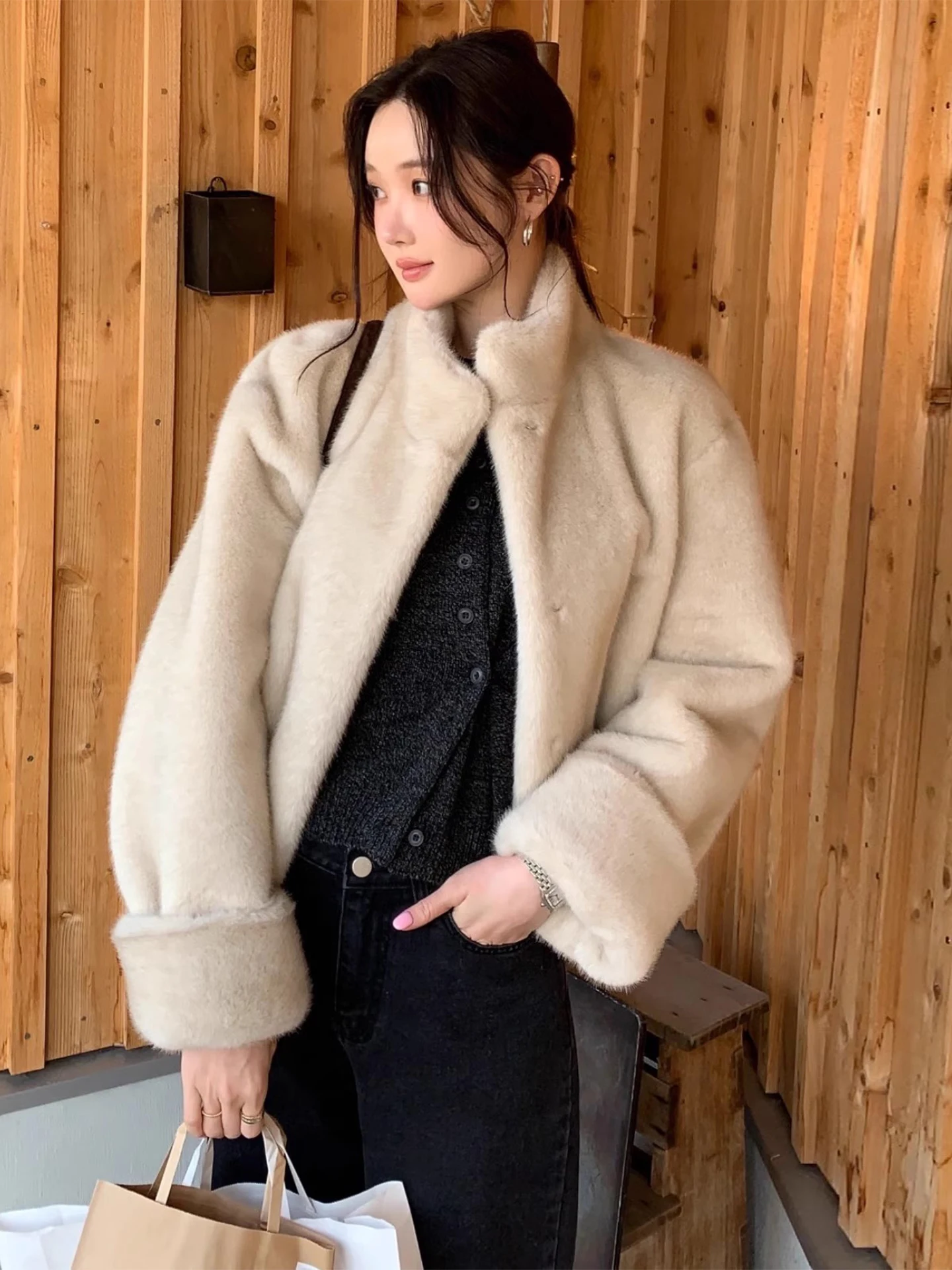 

Trendy Stand Collar Faux Fur Warm ort Cotton Jaet Women's Loose Fit Winter New Sle Commute Sle Long Sve Button Clo...