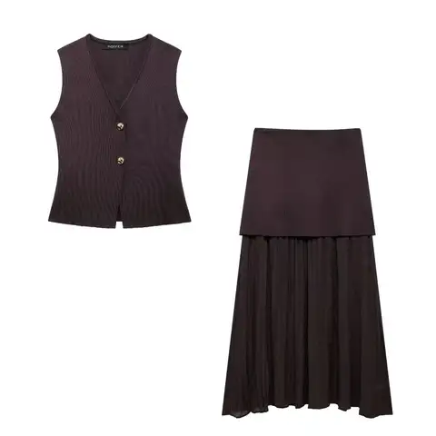 TRAFZA Abito lavorato a maglia da donna vintage chic con scollo a V senza maniche monopetto Top dritto gonna lunga impiombata Moda 2025 Abito primaverile