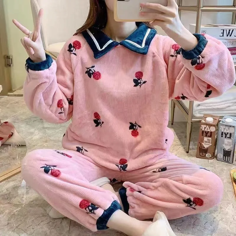 SP&CITY Winter Coral Velvet Pajamas Women\'s Cartoon Patterned Lovely Pajamas Set Thickened Warm Student Home Clothes Sleepwear