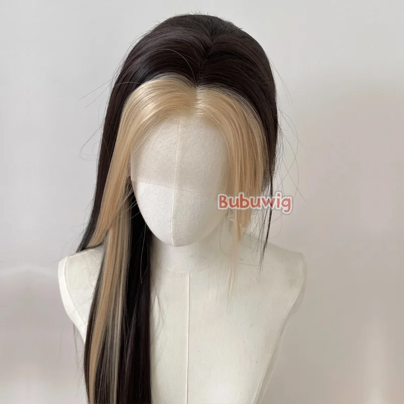 Bubuwig Synthetic Hair Lace Wigs Hand Hook 13×4 60cm Long Straight Blonde Mixed Brown Lace Front Cosplay Wig Heat Resistant