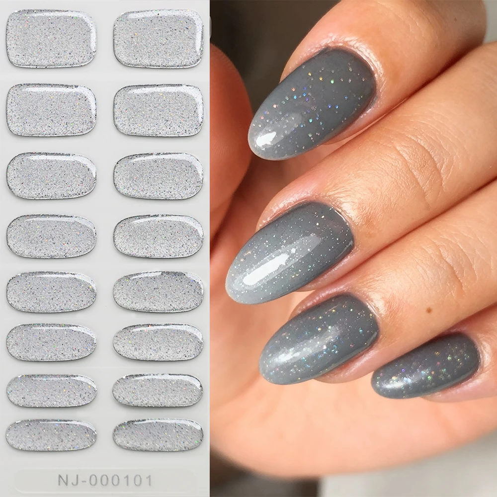 

16 советов, блестящие серые полузатвержденные гелевые наклейки для ногтей, долговечные гелевые клейкие наклейки для ногтей с полным покрытием, водонепроницаемые обертывания для ногтей