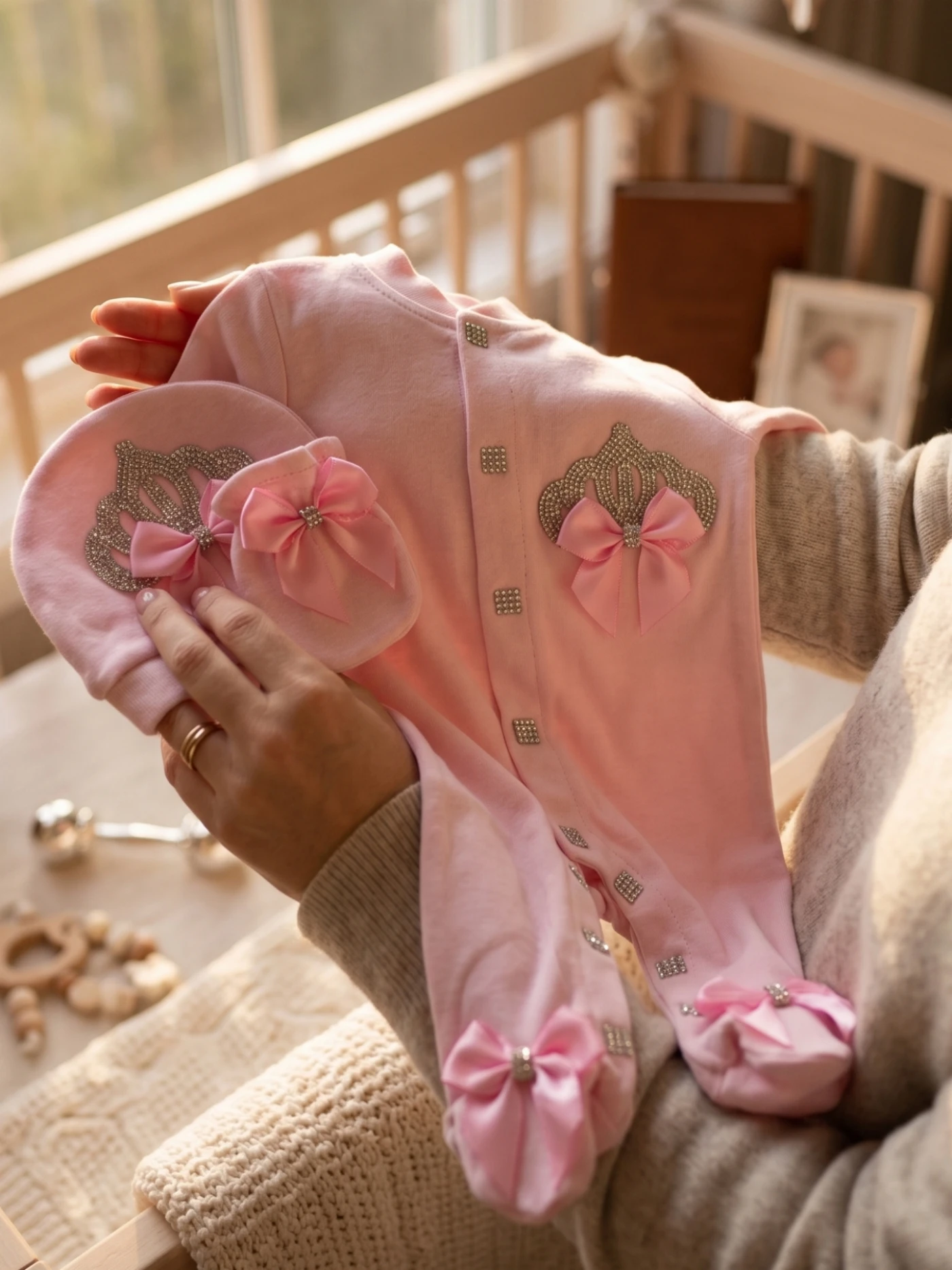Baby Girl Princess Pink Jumpsuit 3pcs Set Rhinestone Crown Bow Romper With Hat And Anti-Scratch Mittens