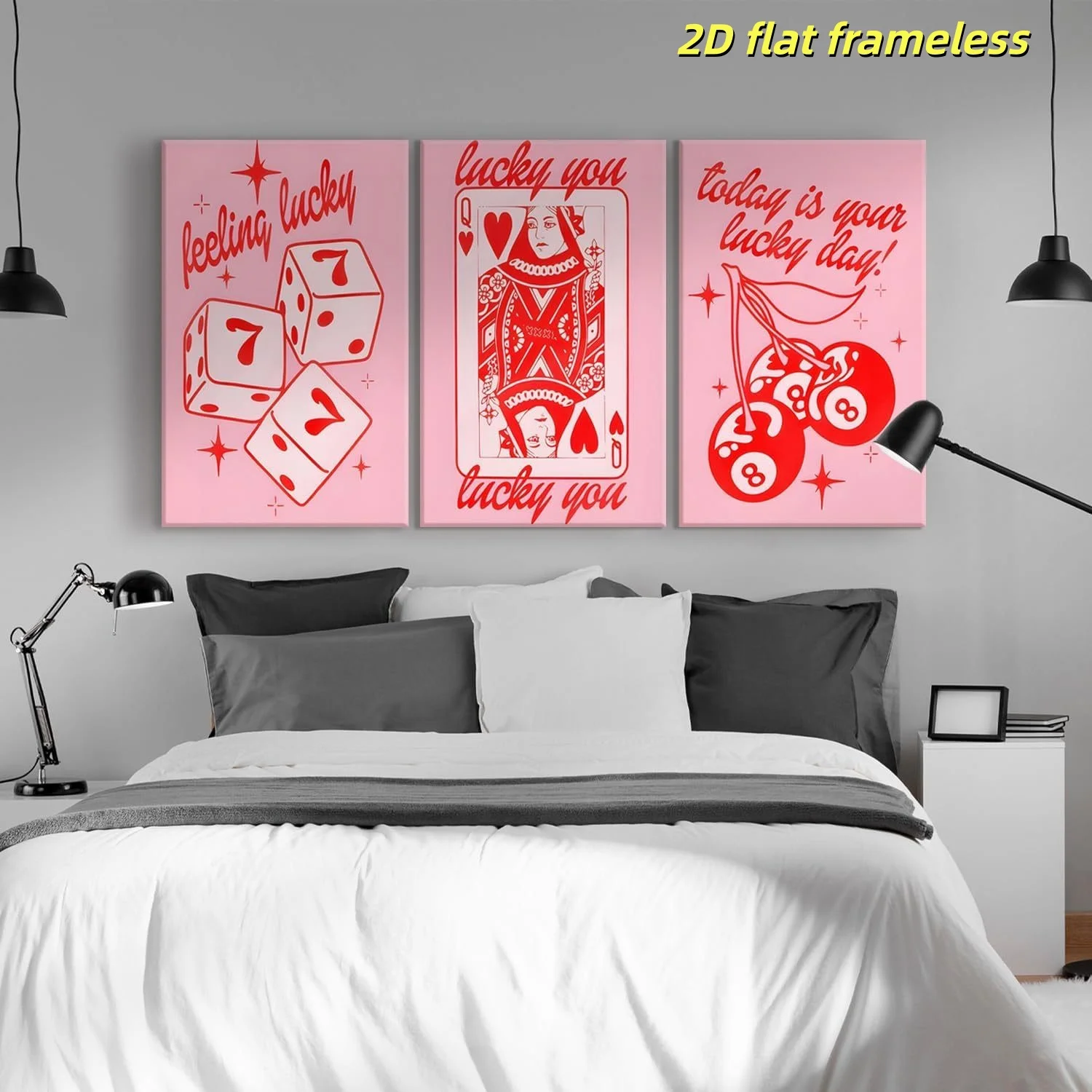 3 pieces of pink lucky art, fashionable pink dice, and Heart King poker canvas posters, perfect for decorating living rooms or b