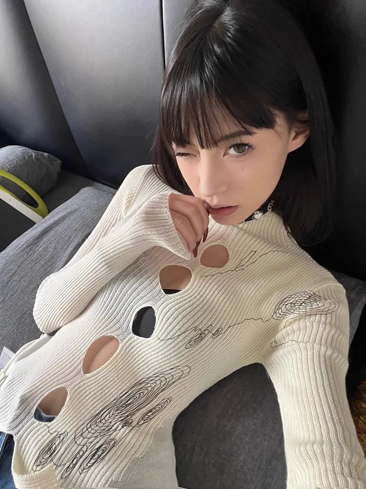 American Sexy Hollow Out Thin Sweaters 2024 New Slim Fit Knitted Tops Women Y2k E-Girl Long Sleeve Print Pullovers Mujer