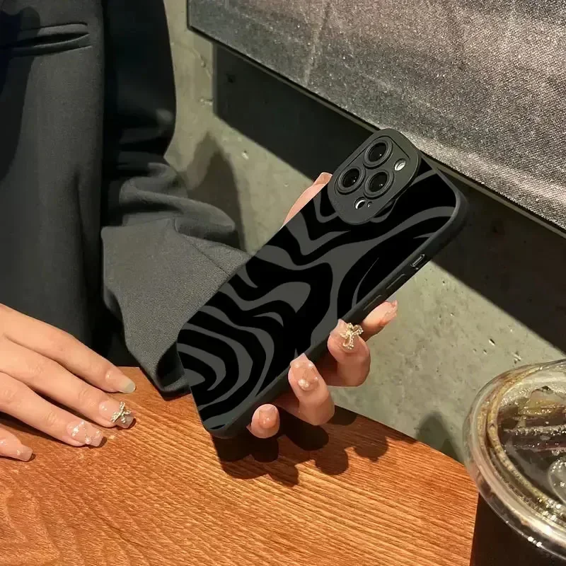 Casing ponsel silikon hitam motif gelombang, penutup lunak tahan guncangan untuk iPhone 15 14 13 12 11 Pro Max XS X XR 7 8 Plus