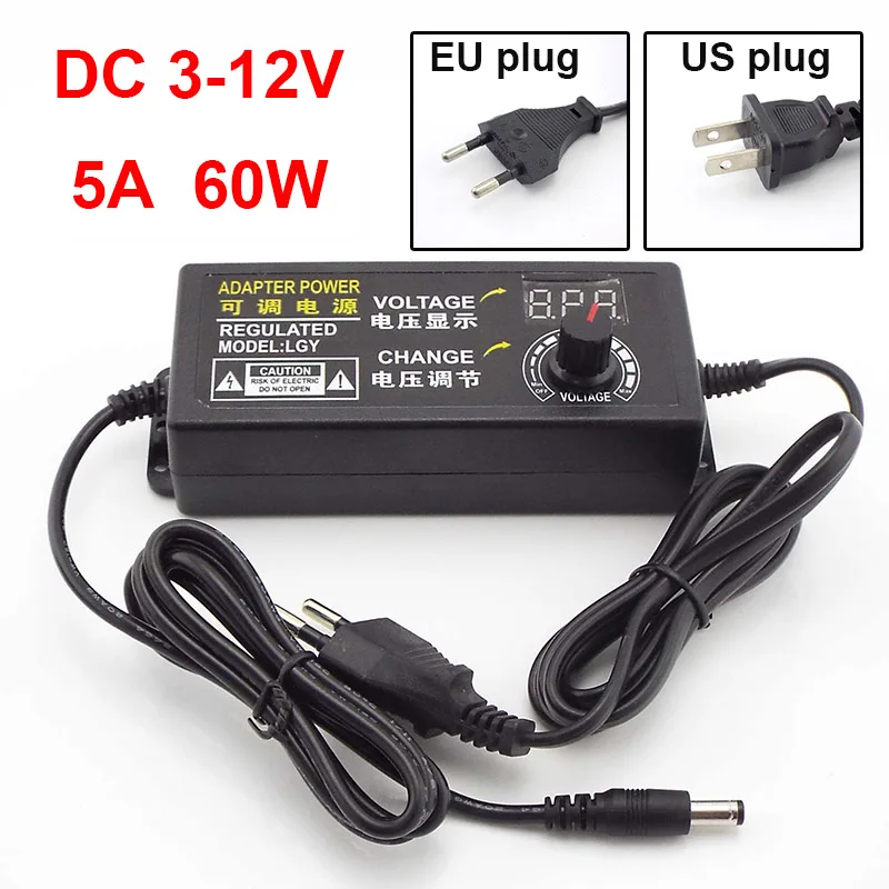 

Display Screen Universal Adjustable AC DC 3-12V Volt 5A 60W Power Adapter wall Plug LED Strip Light Driver Adaptor CCTV k5
