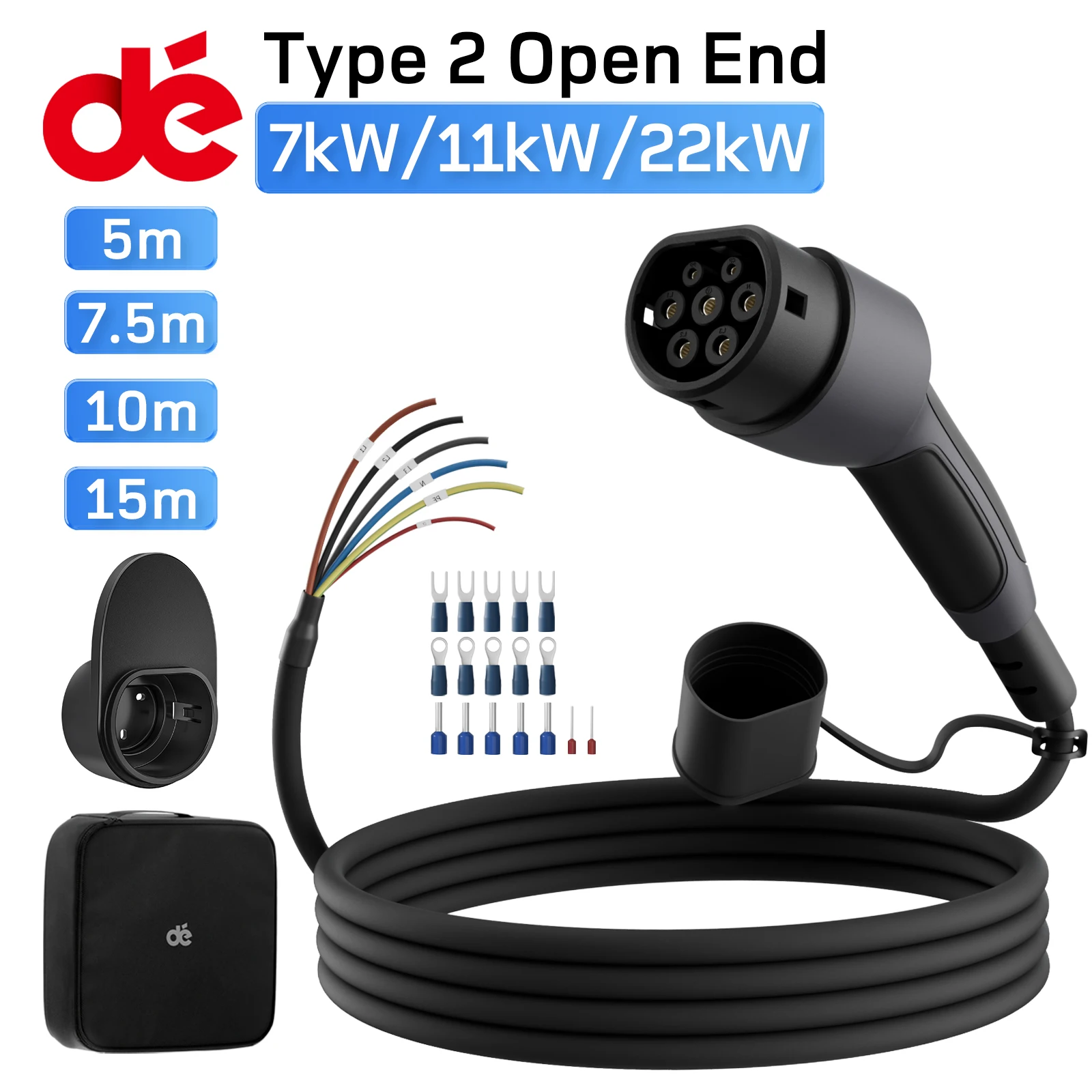 dé Type 2 EV Car Charging Cable to Open End Wire 11kW 3phase 32A 5m 7.5m 10m 15m Extension Cable for Charging Station IP55