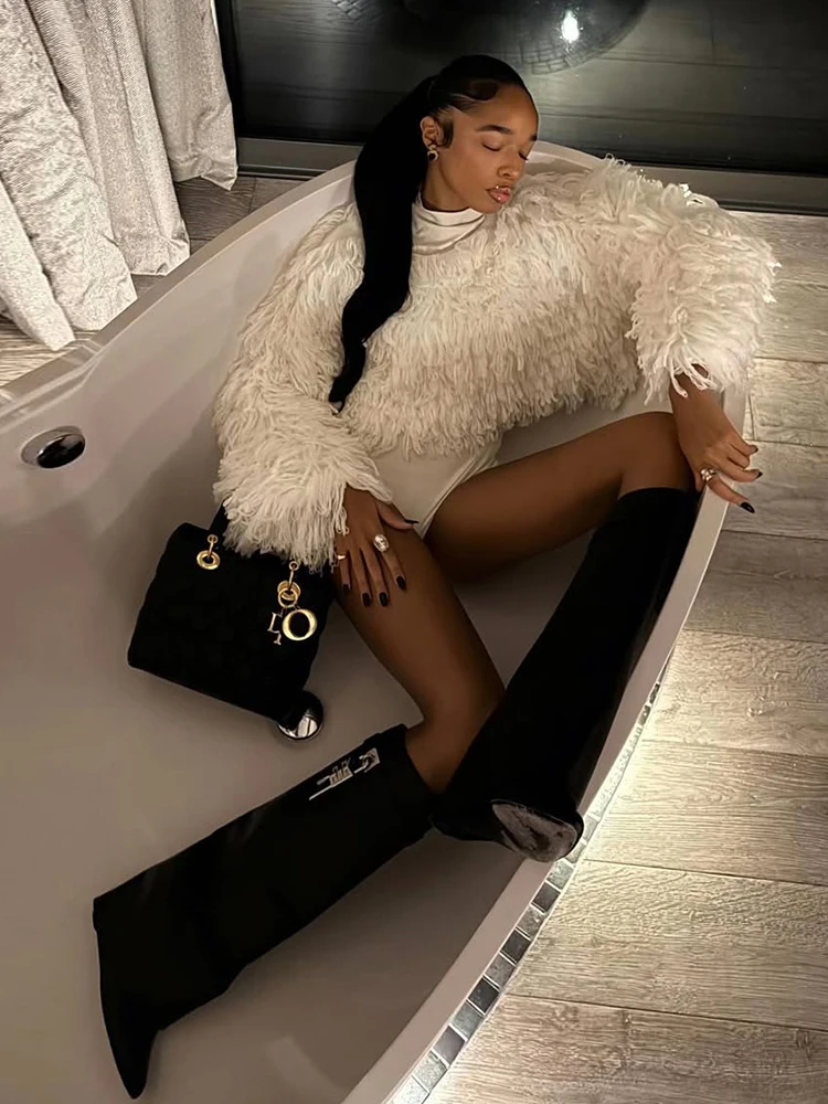 Kliou السببية موضة 2 قطعة مجموعة امرأة س الرقبة كم كامل فروي شرابة سترة الياقة المدورة نحيل رومبير الشارع ملابس أنيقة