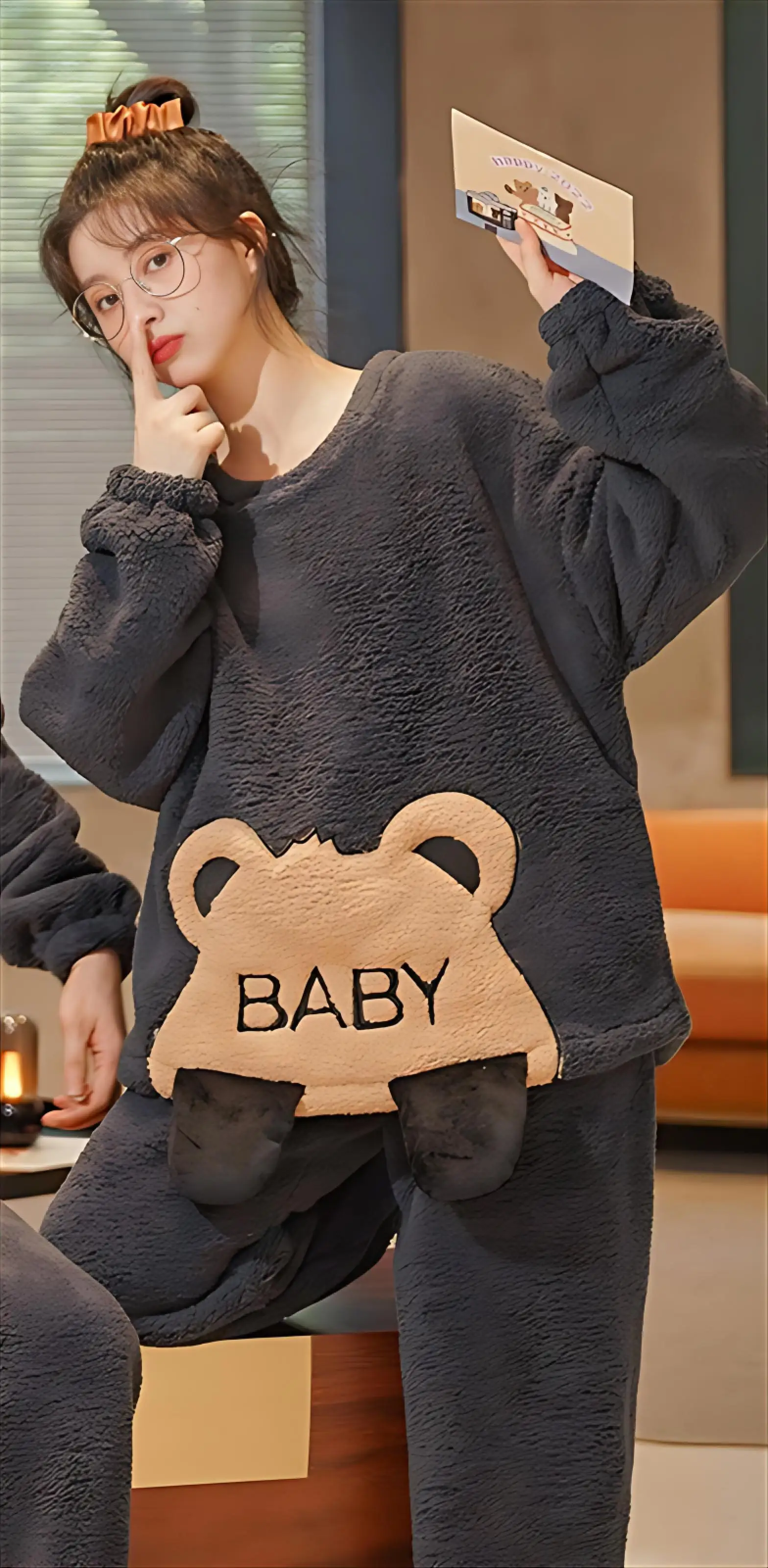 

Pajama Sets For Summer Women Velvet Oversized Homewear Sweet Female Fluffy Thicker Collared Long Sleeve Full Length Pants Winter