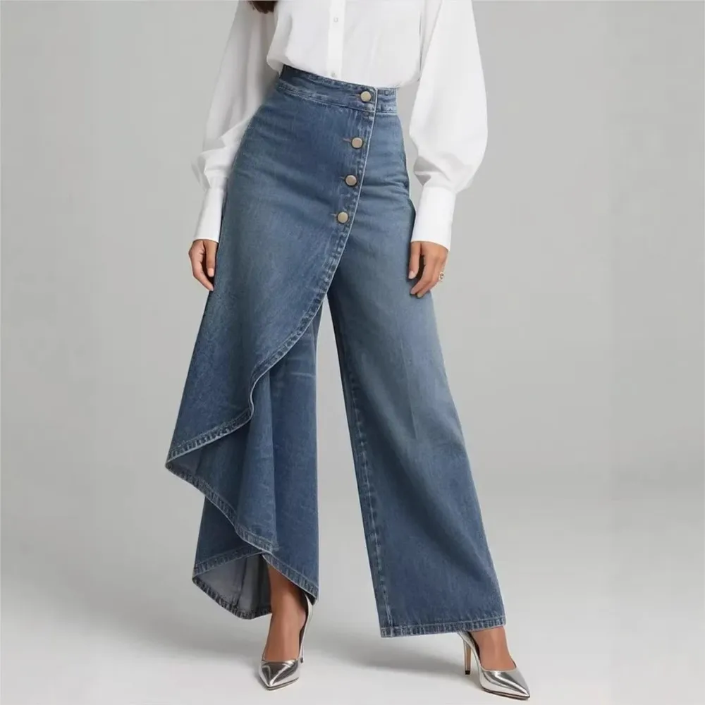 Irregular Imitation Jeans Spring Summer Women's Long Hem Solid Color Casual Single-breasted Loose Trousers Pantalones De Mujer